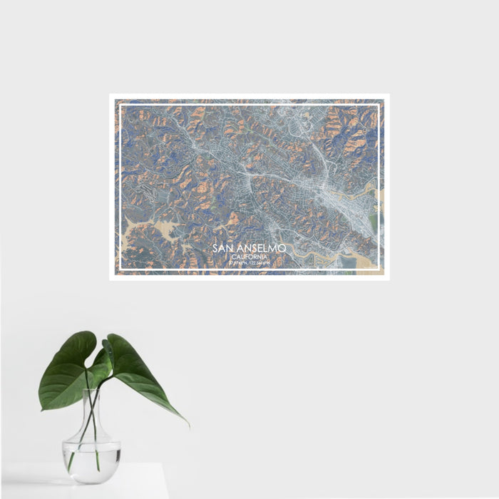 16x24 San Anselmo California Map Print Landscape Orientation in Afternoon Style With Tropical Plant Leaves in Water
