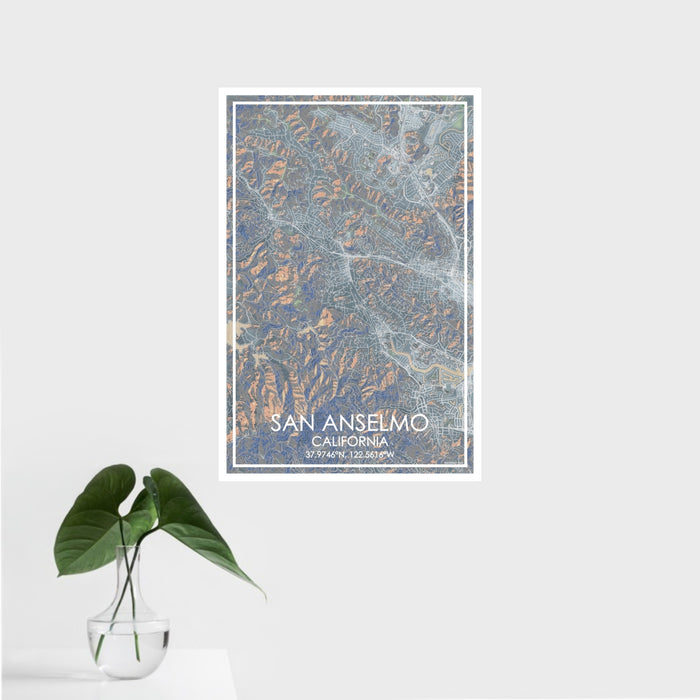 16x24 San Anselmo California Map Print Portrait Orientation in Afternoon Style With Tropical Plant Leaves in Water