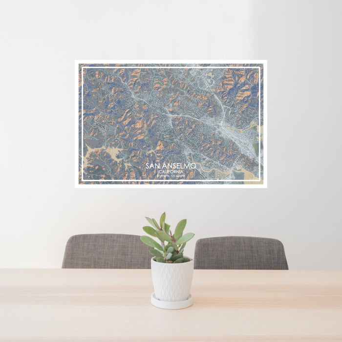 24x36 San Anselmo California Map Print Lanscape Orientation in Afternoon Style Behind 2 Chairs Table and Potted Plant