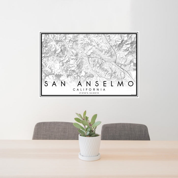 24x36 San Anselmo California Map Print Lanscape Orientation in Classic Style Behind 2 Chairs Table and Potted Plant