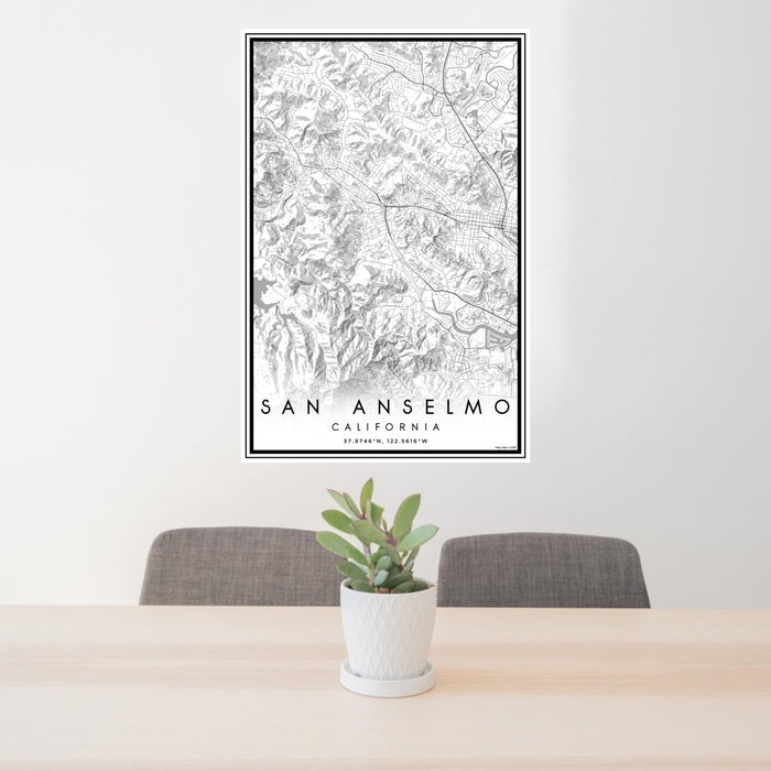 24x36 San Anselmo California Map Print Portrait Orientation in Classic Style Behind 2 Chairs Table and Potted Plant