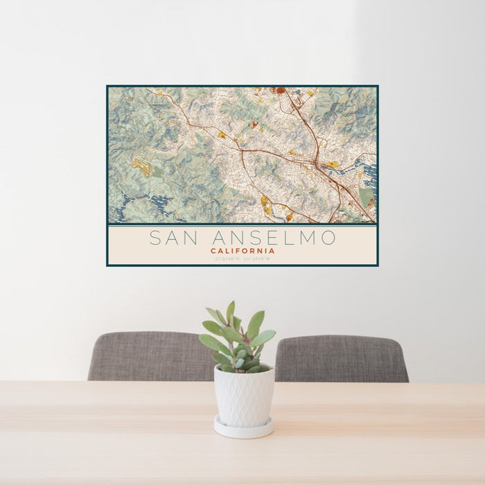 24x36 San Anselmo California Map Print Lanscape Orientation in Woodblock Style Behind 2 Chairs Table and Potted Plant