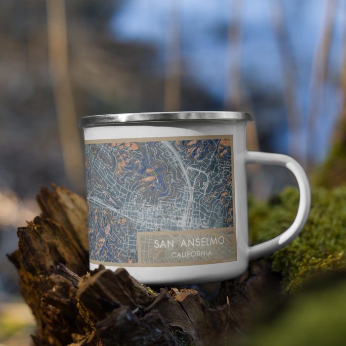 Right View Custom San Anselmo California Map Enamel Mug in Afternoon on Grass With Trees in Background