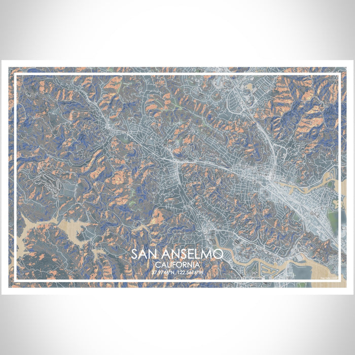 San Anselmo California Map Print Landscape Orientation in Afternoon Style With Shaded Background
