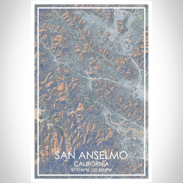 San Anselmo California Map Print Portrait Orientation in Afternoon Style With Shaded Background