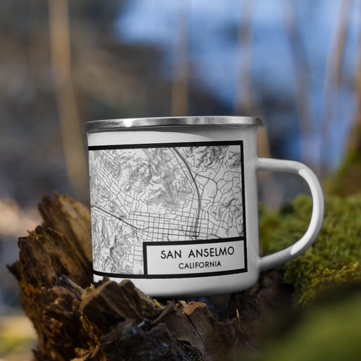 Right View Custom San Anselmo California Map Enamel Mug in Classic on Grass With Trees in Background