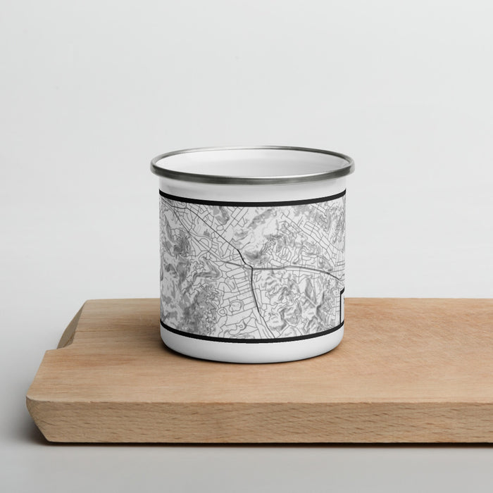 Front View Custom San Anselmo California Map Enamel Mug in Classic on Cutting Board