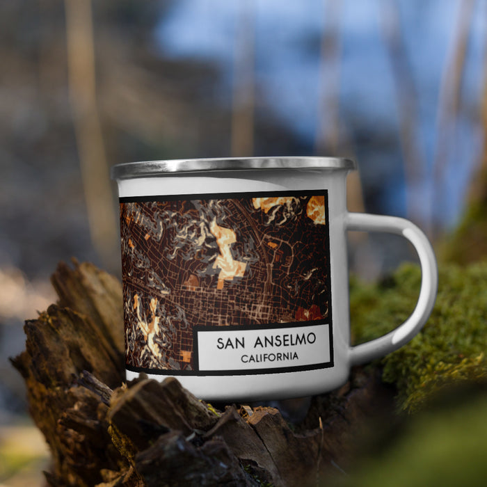 Right View Custom San Anselmo California Map Enamel Mug in Ember on Grass With Trees in Background