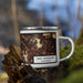 Right View Custom San Anselmo California Map Enamel Mug in Ember on Grass With Trees in Background