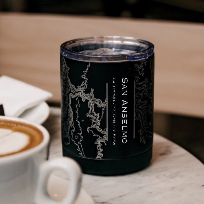 San Anselmo California Custom Engraved City Map Inscription Coordinates on 10oz Stainless Steel Insulated Cup with Sliding Lid in Black