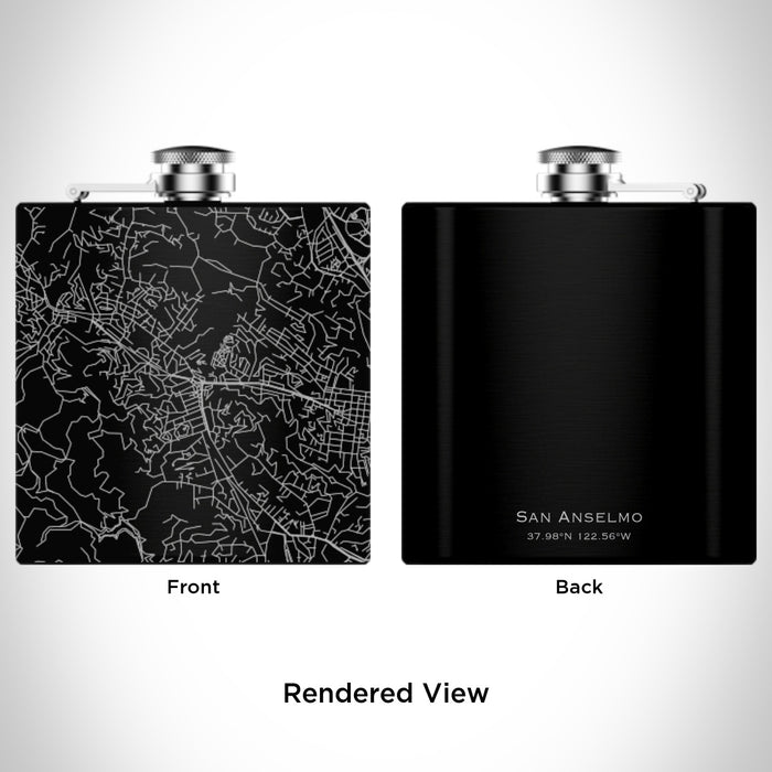 Rendered View of San Anselmo California Map Engraving on 6oz Stainless Steel Flask in Black