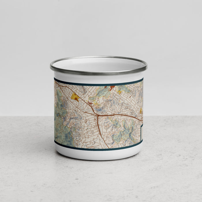 Front View Custom San Anselmo California Map Enamel Mug in Woodblock