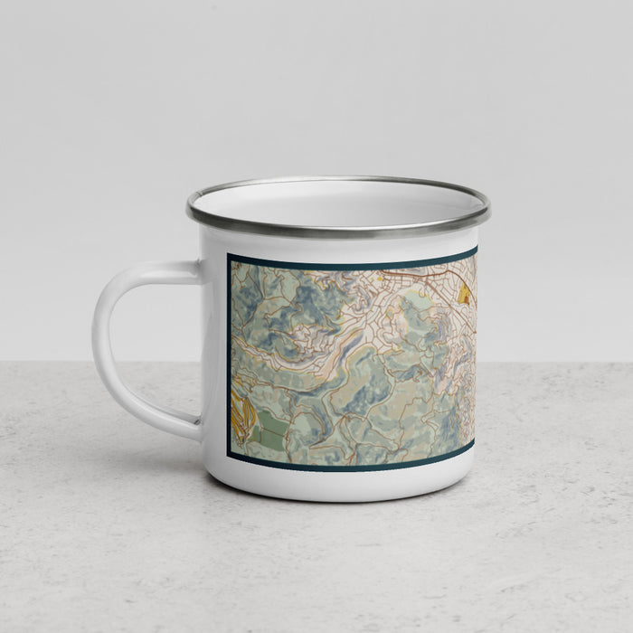 Left View Custom San Anselmo California Map Enamel Mug in Woodblock