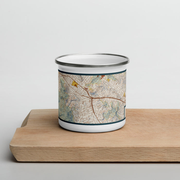 Front View Custom San Anselmo California Map Enamel Mug in Woodblock on Cutting Board