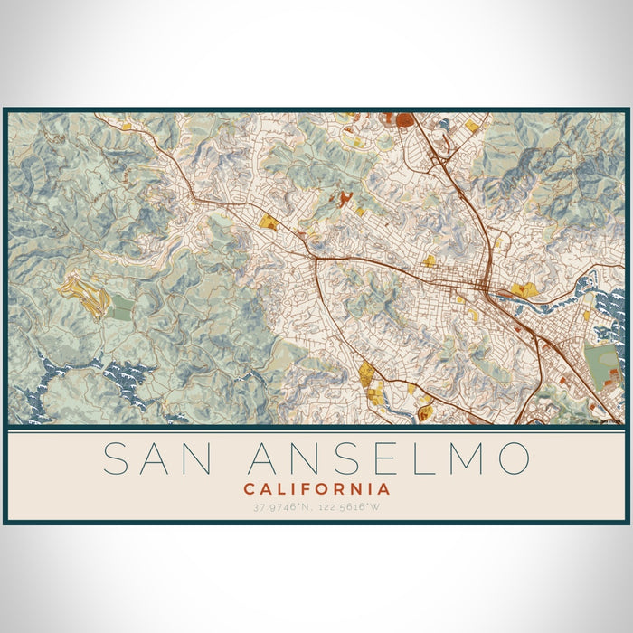 San Anselmo California Map Print Landscape Orientation in Woodblock Style With Shaded Background