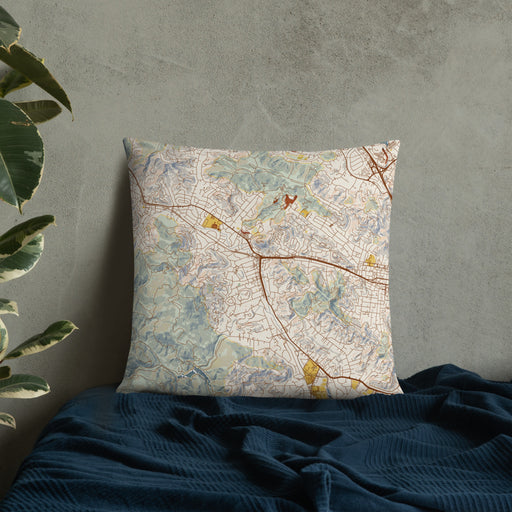 Custom San Anselmo California Map Throw Pillow in Woodblock on Bedding Against Wall