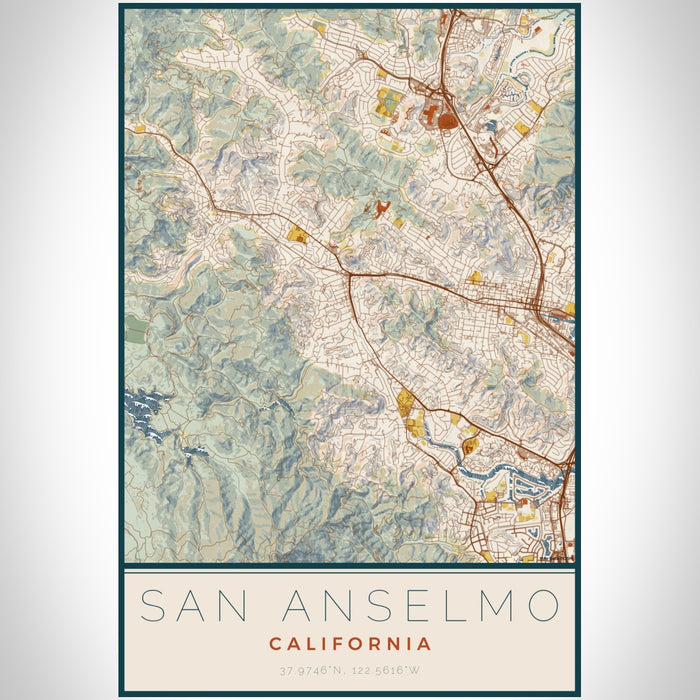San Anselmo California Map Print Portrait Orientation in Woodblock Style With Shaded Background