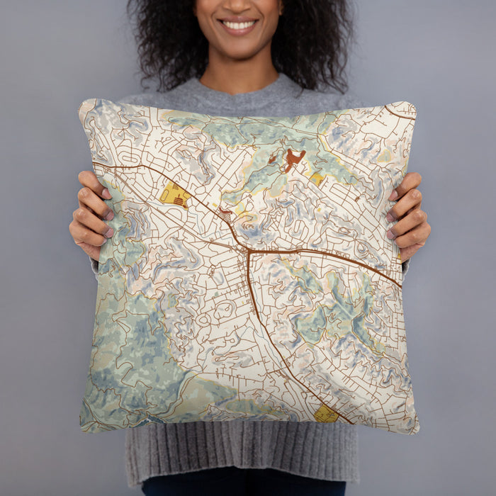 Person holding 18x18 Custom San Anselmo California Map Throw Pillow in Woodblock