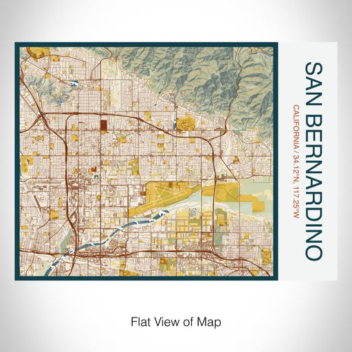 Rendered View of San Bernardino California Map on 20oz Stainless Steel Insulated Bottle with Bamboo Top with printed woodblock style map