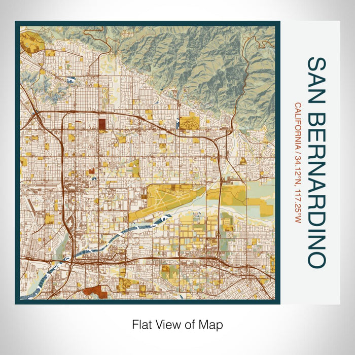 Rendered View of San Bernardino California Map on 17oz Stainless Steel Insulated Tumbler in Woodblock Map Style