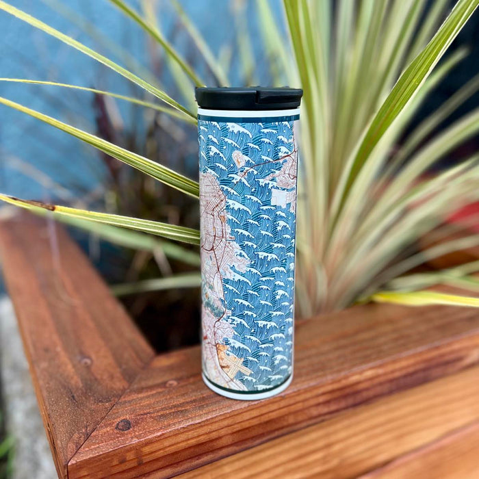 17oz Stainless Steel Insulated Tumbler in White with Custom Woodblock Style Map in Hand