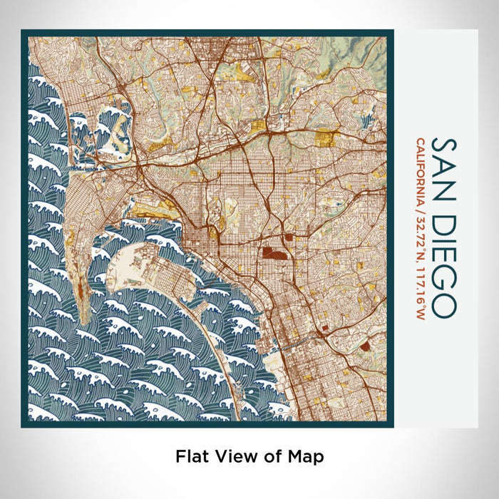 Rendered View of San Diego California Map on 17oz Stainless Steel Insulated Tumbler in Woodblock Map Style