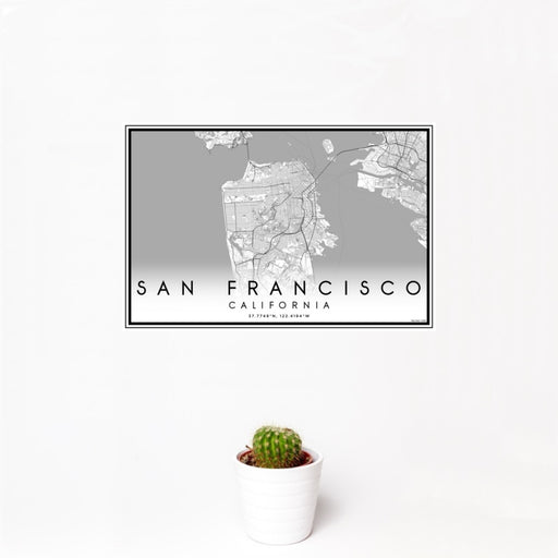 12x18 San Francisco California Map Print Landscape Orientation in Classic Style With Small Cactus Plant in White Planter