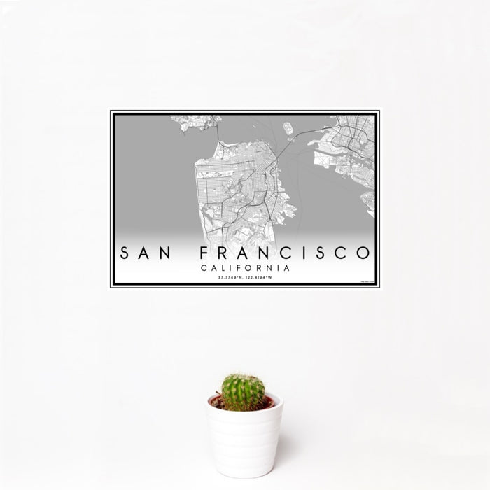 12x18 San Francisco California Map Print Landscape Orientation in Classic Style With Small Cactus Plant in White Planter