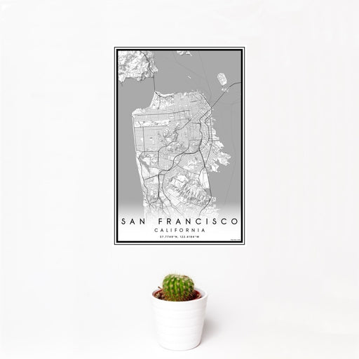 12x18 San Francisco California Map Print Portrait Orientation in Classic Style With Small Cactus Plant in White Planter
