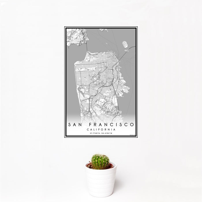 12x18 San Francisco California Map Print Portrait Orientation in Classic Style With Small Cactus Plant in White Planter