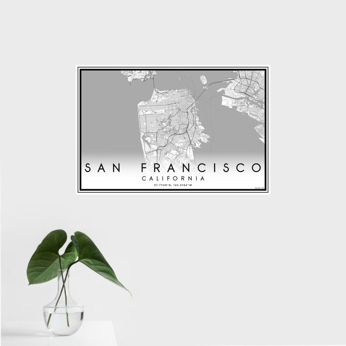 16x24 San Francisco California Map Print Landscape Orientation in Classic Style With Tropical Plant Leaves in Water