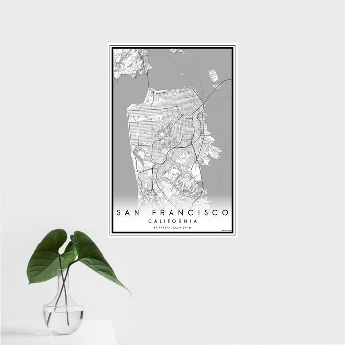 16x24 San Francisco California Map Print Portrait Orientation in Classic Style With Tropical Plant Leaves in Water