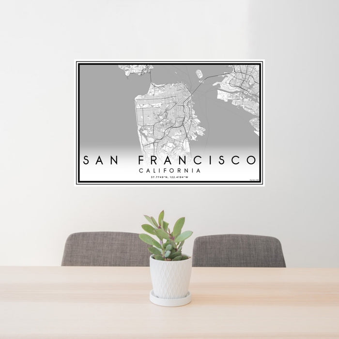 24x36 San Francisco California Map Print Lanscape Orientation in Classic Style Behind 2 Chairs Table and Potted Plant