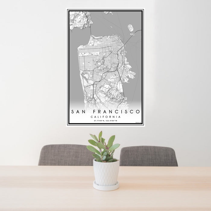 24x36 San Francisco California Map Print Portrait Orientation in Classic Style Behind 2 Chairs Table and Potted Plant