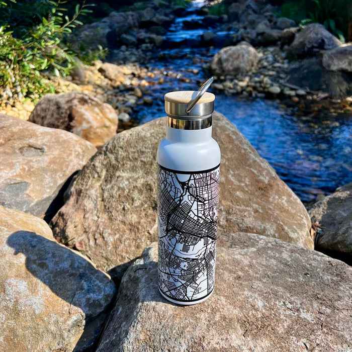 20oz Stainless Steel Insulated Bottle with Bamboo Top with  Map on Rock next to stream