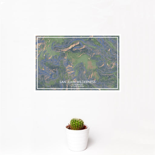 12x18 San Juan Wilderness Colorado Map Print Landscape Orientation in Afternoon Style With Small Cactus Plant in White Planter
