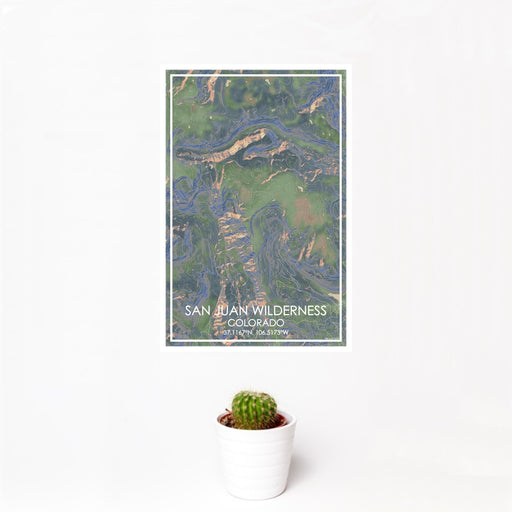 12x18 San Juan Wilderness Colorado Map Print Portrait Orientation in Afternoon Style With Small Cactus Plant in White Planter