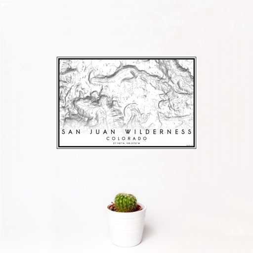 12x18 San Juan Wilderness Colorado Map Print Landscape Orientation in Classic Style With Small Cactus Plant in White Planter