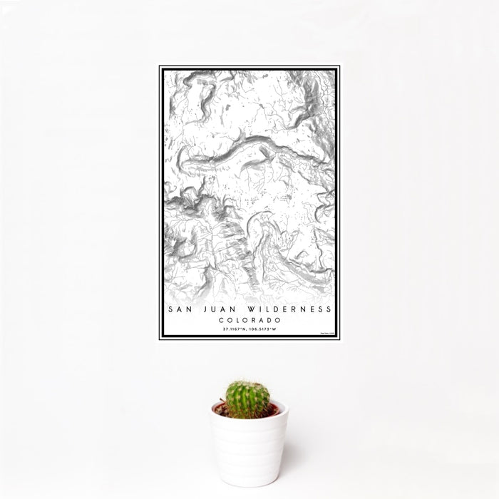 12x18 San Juan Wilderness Colorado Map Print Portrait Orientation in Classic Style With Small Cactus Plant in White Planter
