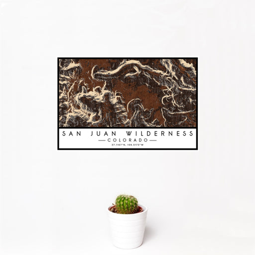12x18 San Juan Wilderness Colorado Map Print Landscape Orientation in Ember Style With Small Cactus Plant in White Planter