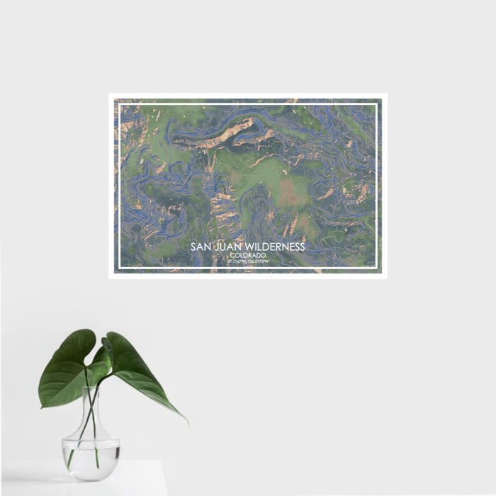 16x24 San Juan Wilderness Colorado Map Print Landscape Orientation in Afternoon Style With Tropical Plant Leaves in Water
