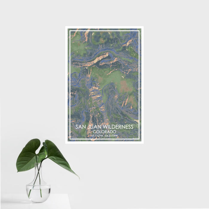 16x24 San Juan Wilderness Colorado Map Print Portrait Orientation in Afternoon Style With Tropical Plant Leaves in Water