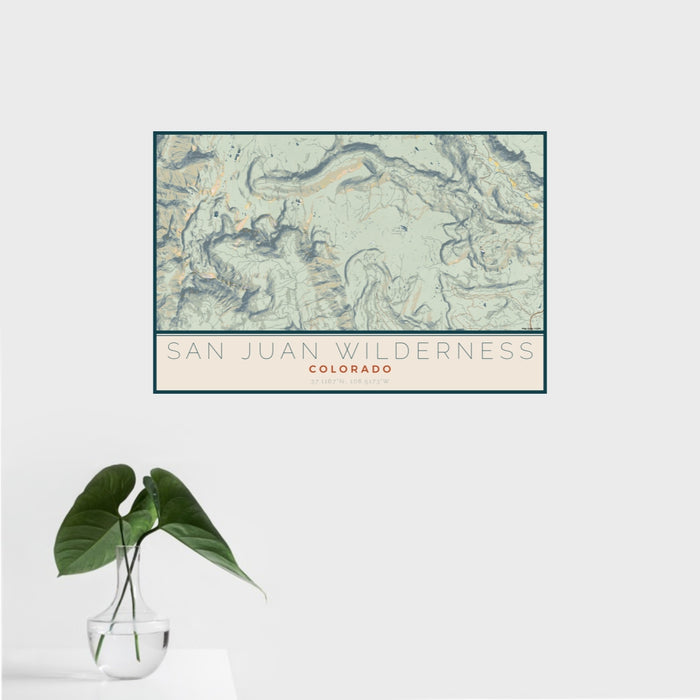 16x24 San Juan Wilderness Colorado Map Print Landscape Orientation in Woodblock Style With Tropical Plant Leaves in Water