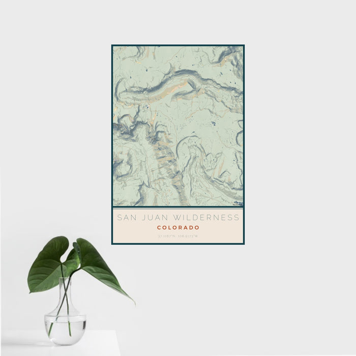 16x24 San Juan Wilderness Colorado Map Print Portrait Orientation in Woodblock Style With Tropical Plant Leaves in Water