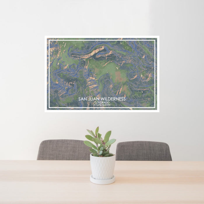 24x36 San Juan Wilderness Colorado Map Print Lanscape Orientation in Afternoon Style Behind 2 Chairs Table and Potted Plant