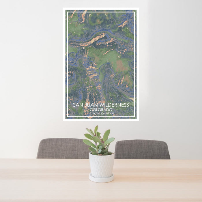 24x36 San Juan Wilderness Colorado Map Print Portrait Orientation in Afternoon Style Behind 2 Chairs Table and Potted Plant