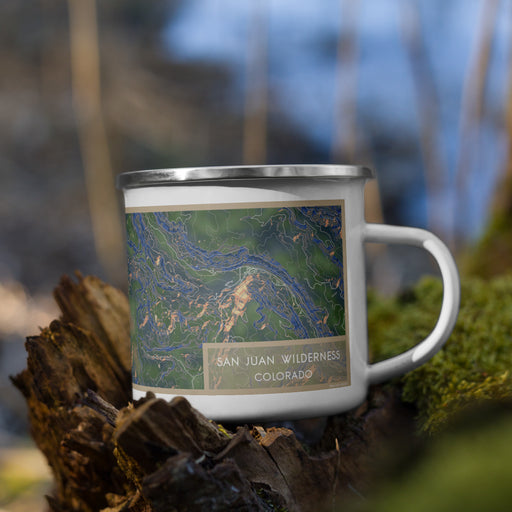 Right View Custom San Juan Wilderness Colorado Map Enamel Mug in Afternoon on Grass With Trees in Background
