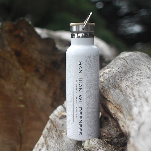 San Juan Wilderness Colorado Custom Engraved City Map Inscription Coordinates on 20oz Stainless Steel Insulated Bottle with Bamboo Top in White