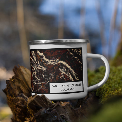 Right View Custom San Juan Wilderness Colorado Map Enamel Mug in Ember on Grass With Trees in Background