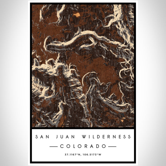 San Juan Wilderness Colorado Map Print Portrait Orientation in Ember Style With Shaded Background